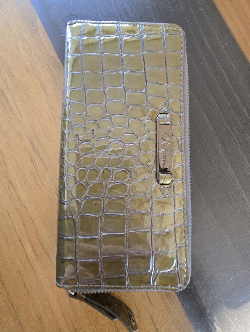 Cole Haan Olive Croc-Embossed Zip Wallet Patent Leather